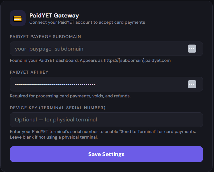 PaidYET Gateway Settings in FillFrog POS